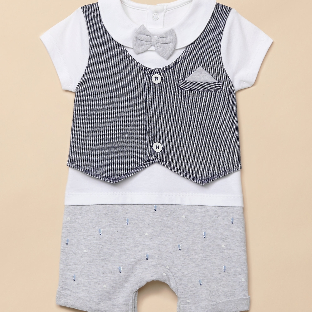 

Boys Half Sleeves Romper Mock Waistcoat And Bow Detail - Blue White