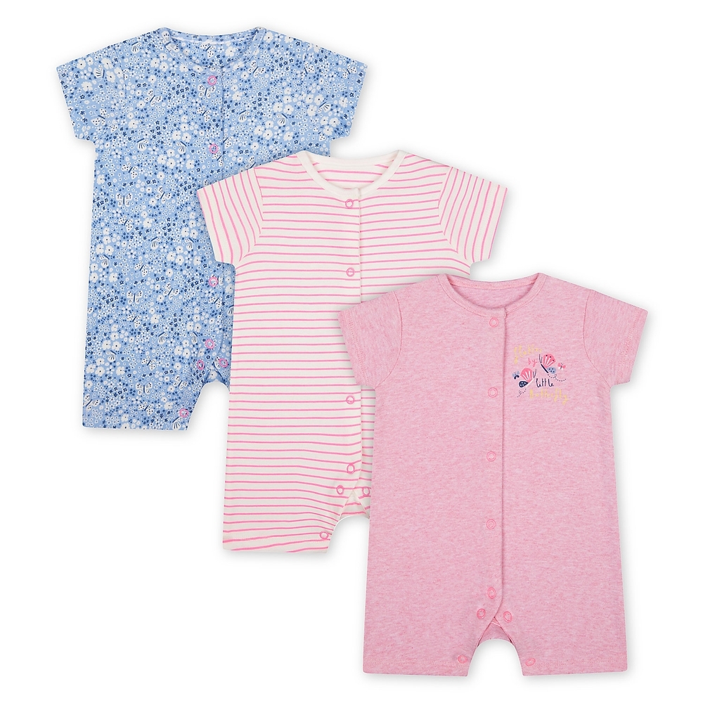 

Girls Half Sleeves Romper Printed And Striped - Pack Of 3 - Multicolor