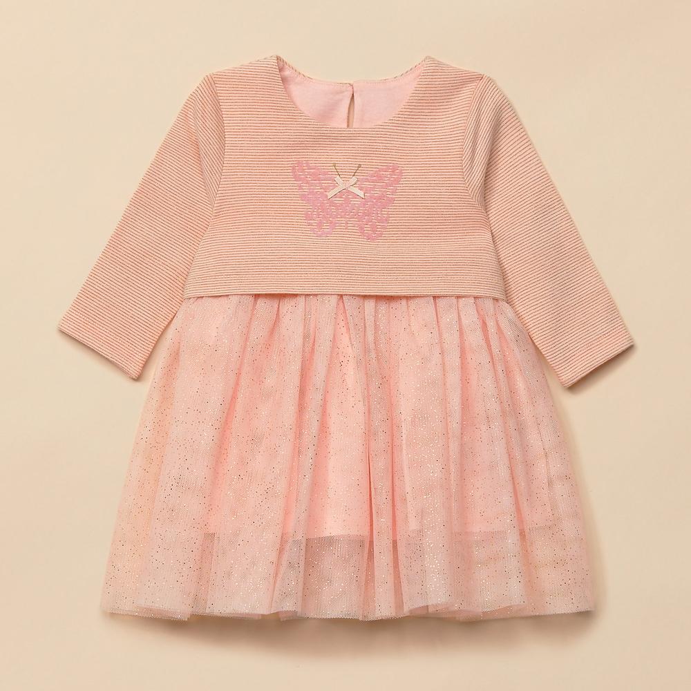 

Girls Full Sleeves Dress With Glitter Mesh - Pink