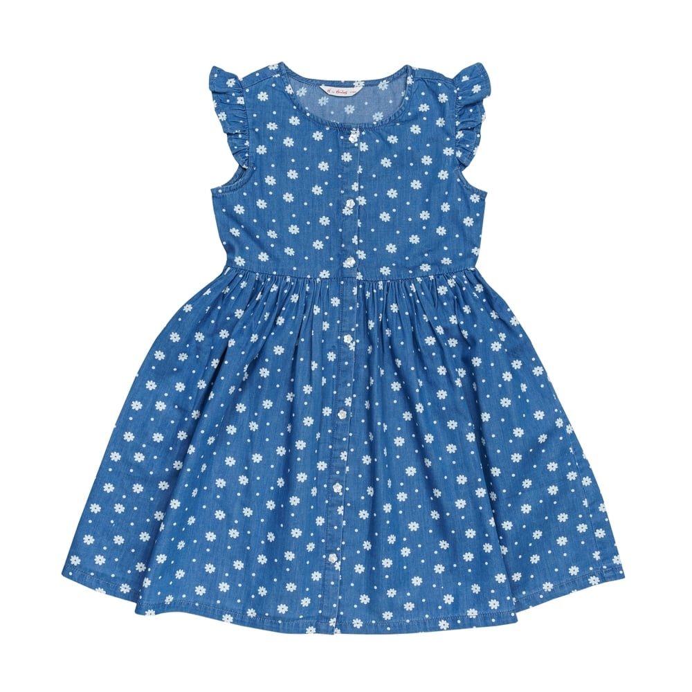 

H by Hamleys Girls Short Sleeves Dress Floral Print-Denim -Blue