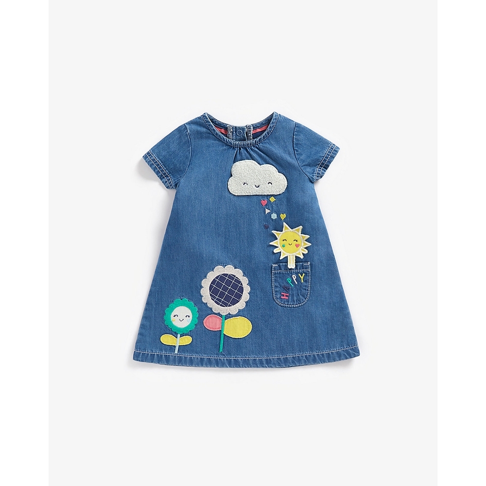 

Girls Short Sleeves Denim Dress Flower Patch Work-Blue