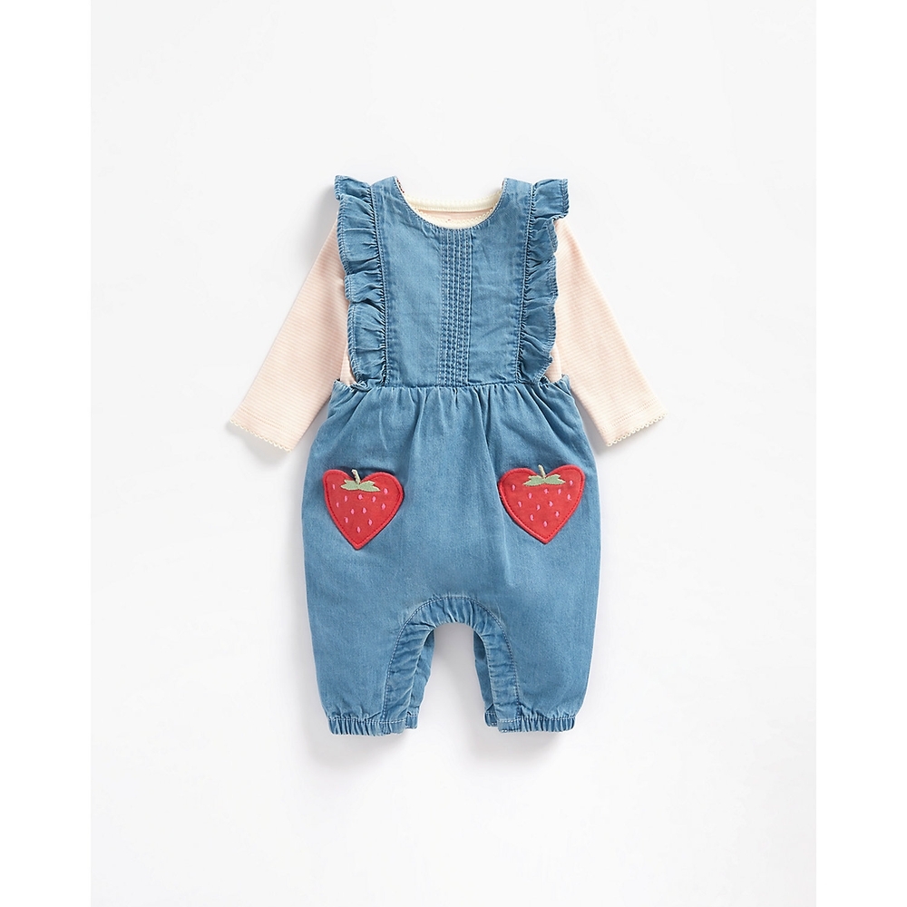 

Girls Full Sleeves Dungaree Onesies Sets Strawberry Pocket-Multicolor