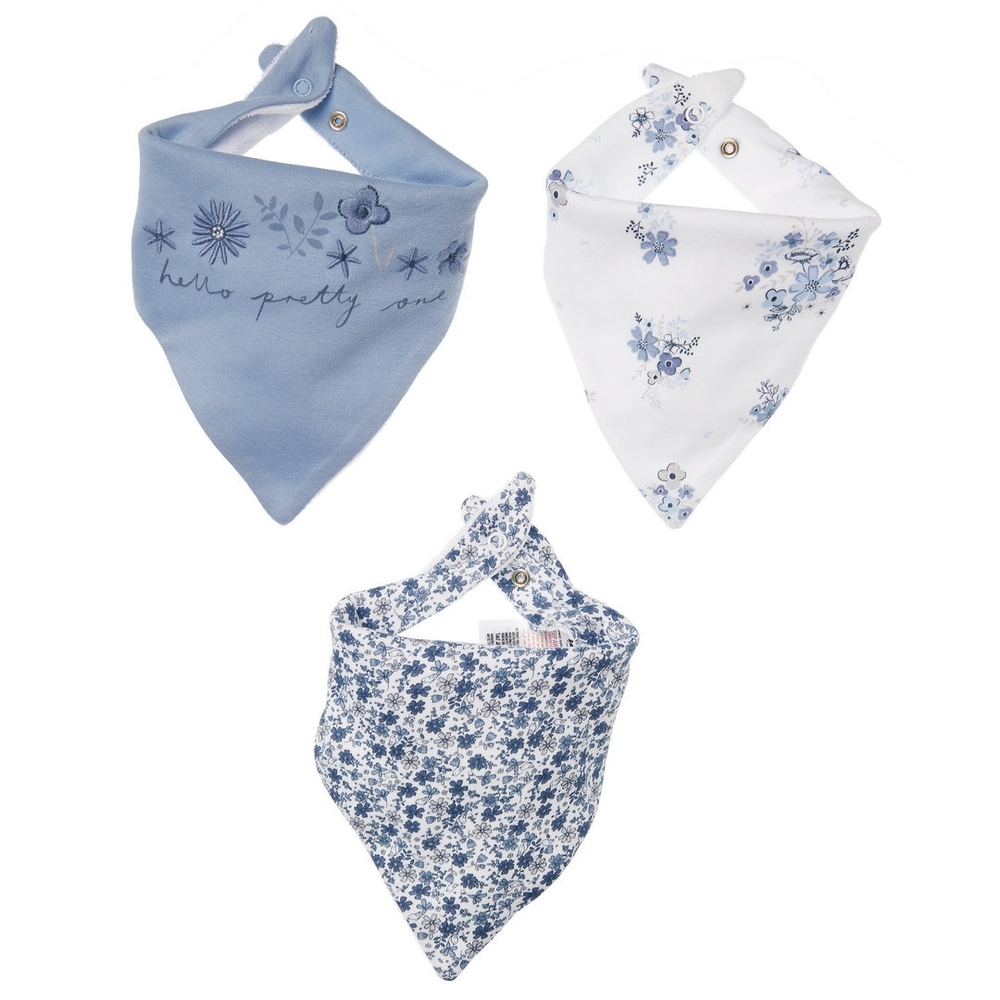 

Girls Bibs Floral Print And Embroidery - Pack Of 3 - White Blue
