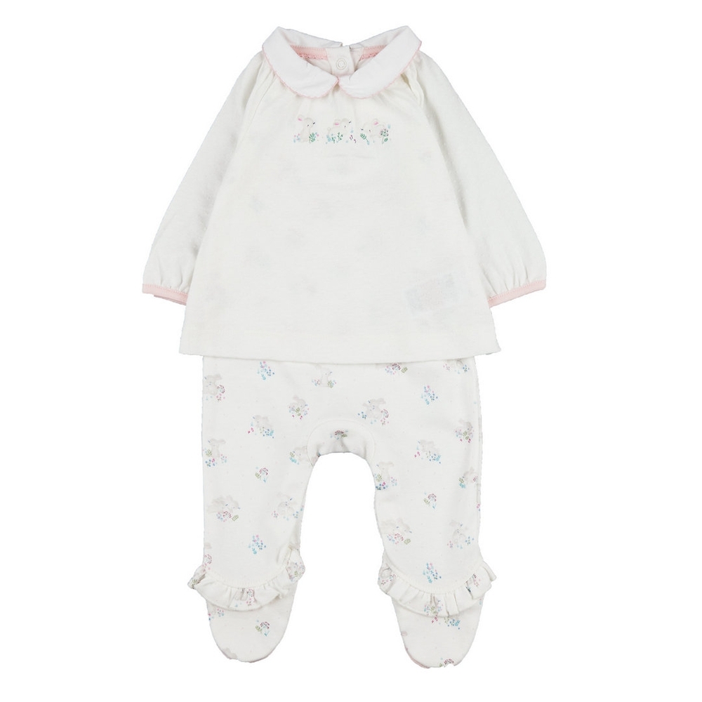 

Girls Full Sleeves Romper Mock Bunny Print - Cream