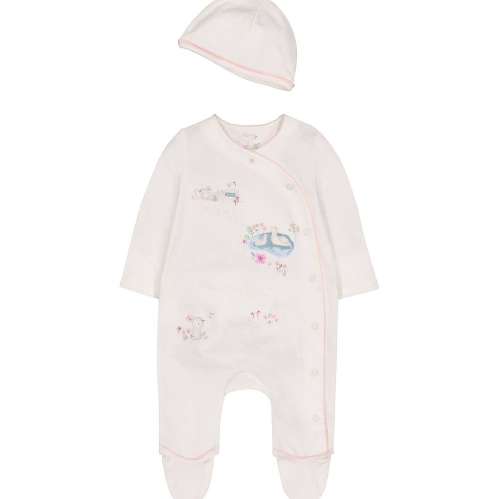 

Girls Full Sleeves Romper With Hat Bunny Print - Cream