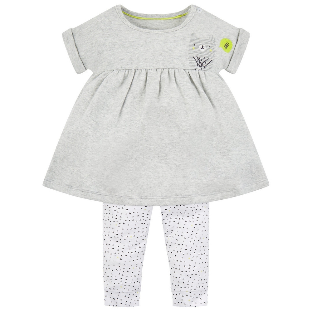 

Girls Half Sleeves Dress And Legging Set Bear Print - Grey White