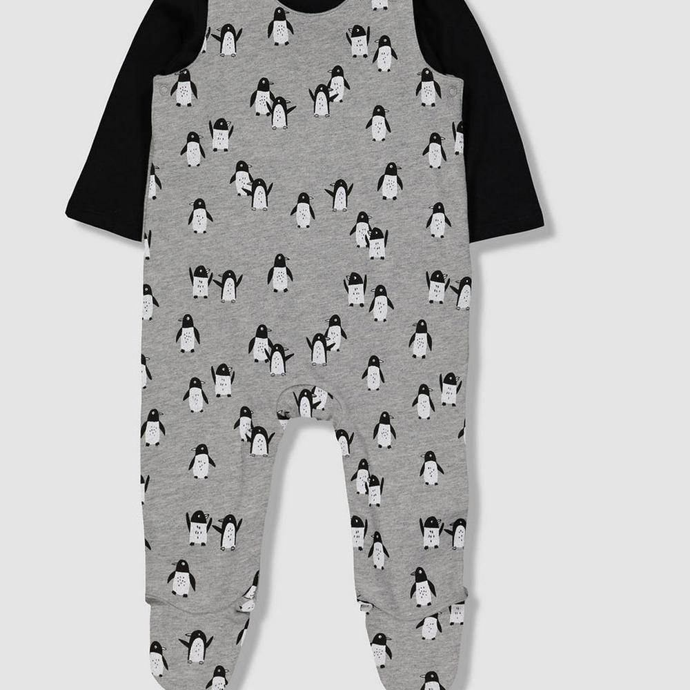 

Unisex Full Sleeves Penguin Print Dungaree Set - Grey