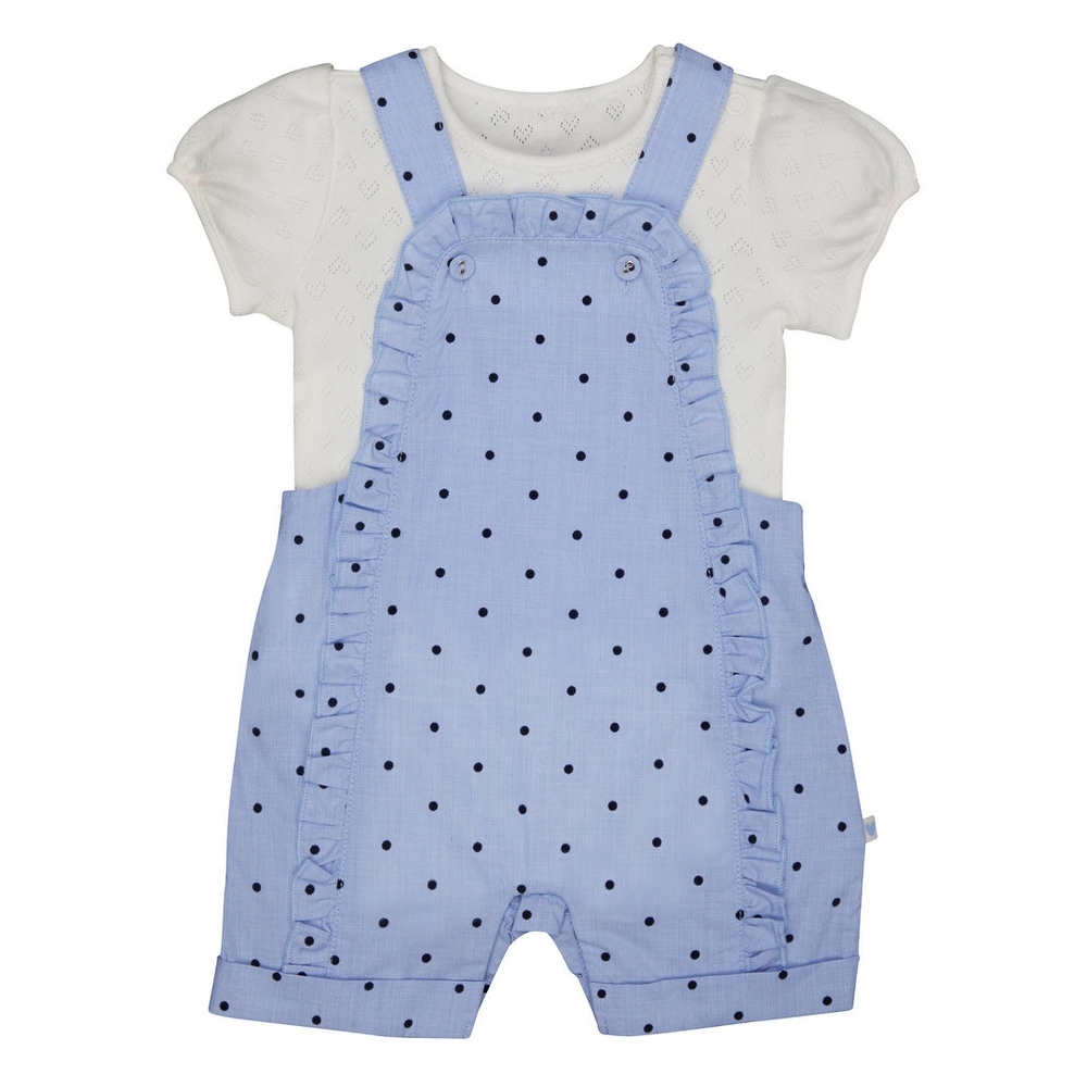 

Blue Spot Frill Dungarees And White Bodysuit Set