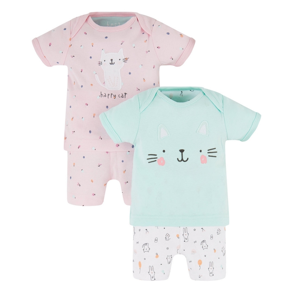 

Girls Half Sleeves Shortie Pyjamas Cat Patch And Embroidery - Pack Of 2 - Pink Green