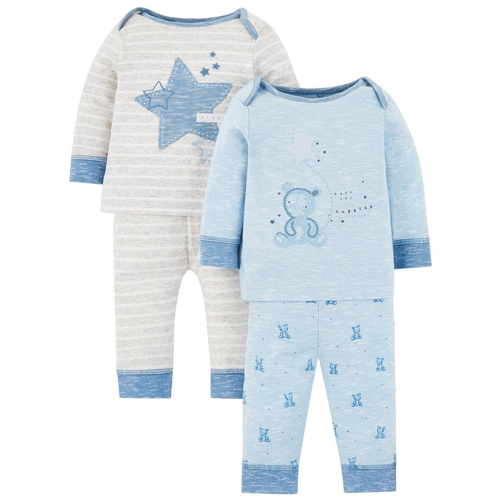 

Boys Full Sleeves Bear And Star Embroidered Pyjamas - Pack Of 2 - Blue