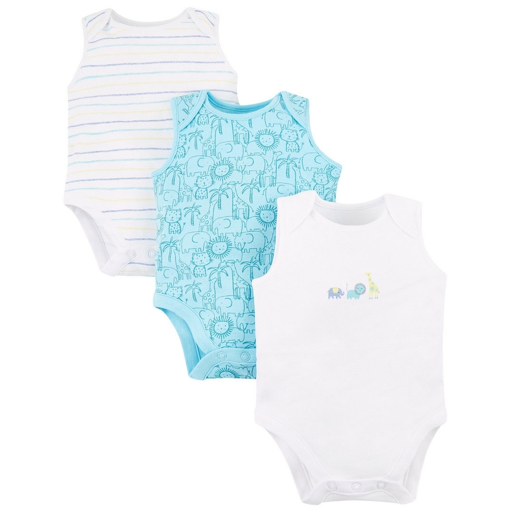 

Boys Sleeveless Bodysuit Safari Animal Print - Pack Of 3 - White Blue