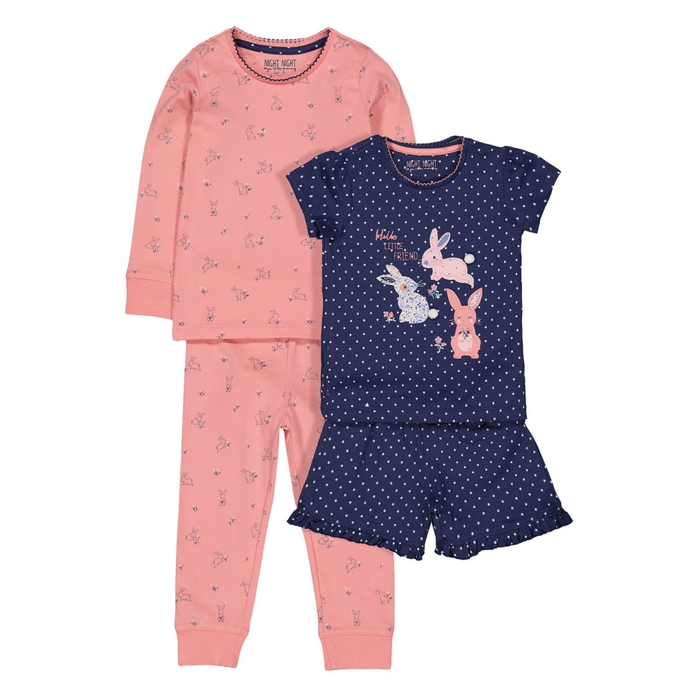 

Girls Full Sleeves Pyjamas Bunny Print And Patch - Pack Of 2 - Pink
