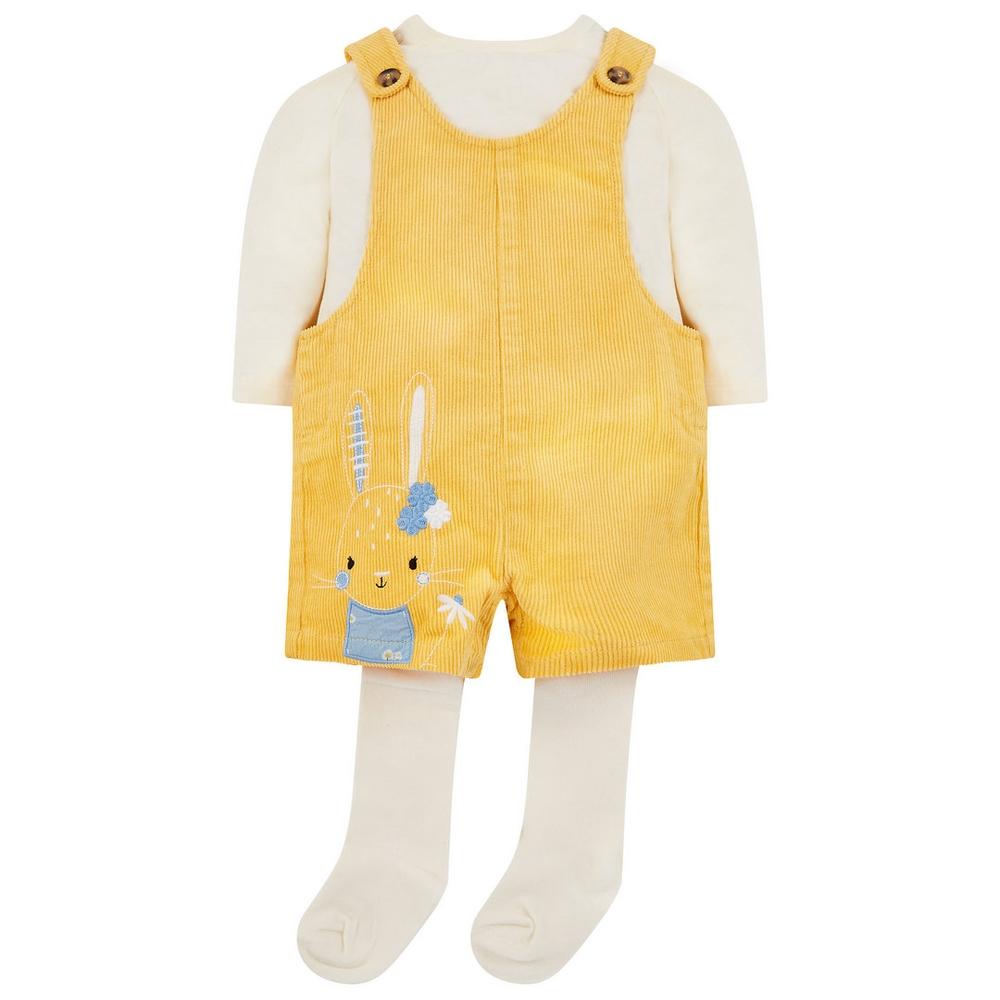 

Girls Full Sleeves Dungaree Top Tight Set Corduroy Embellished Bunny - Pack Of 3 - Yellow White