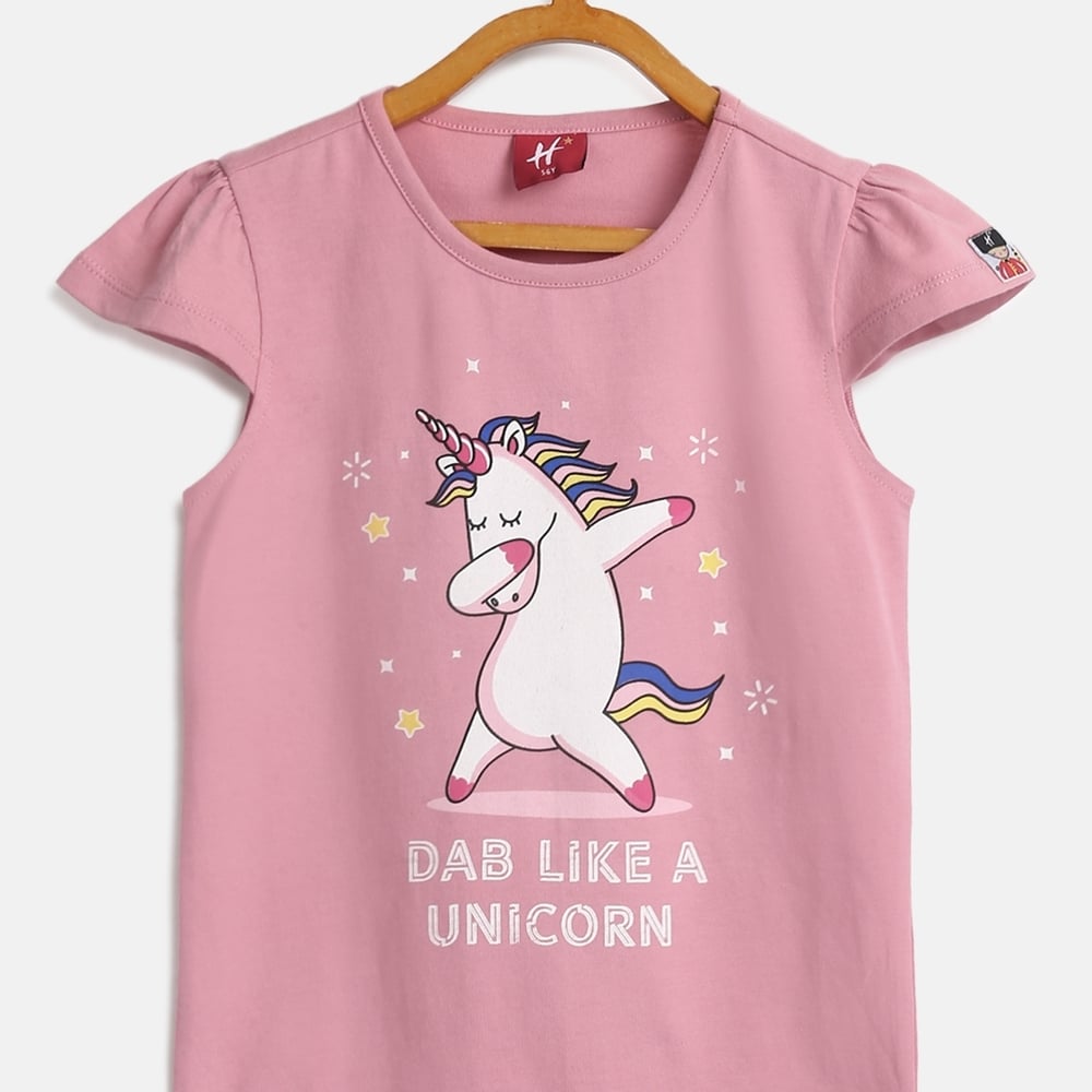 

Girls Half Sleeve T-Shirts Unicorn Dab-Pink