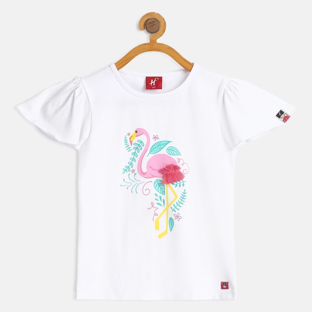 

Girls Half Sleeve T-Shirts Flamingo Design-White