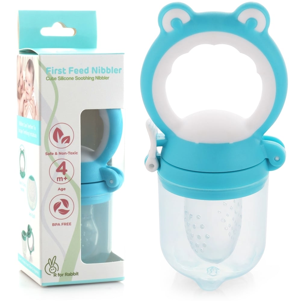 

R for rabbit first feed teether&amp nibbler blue