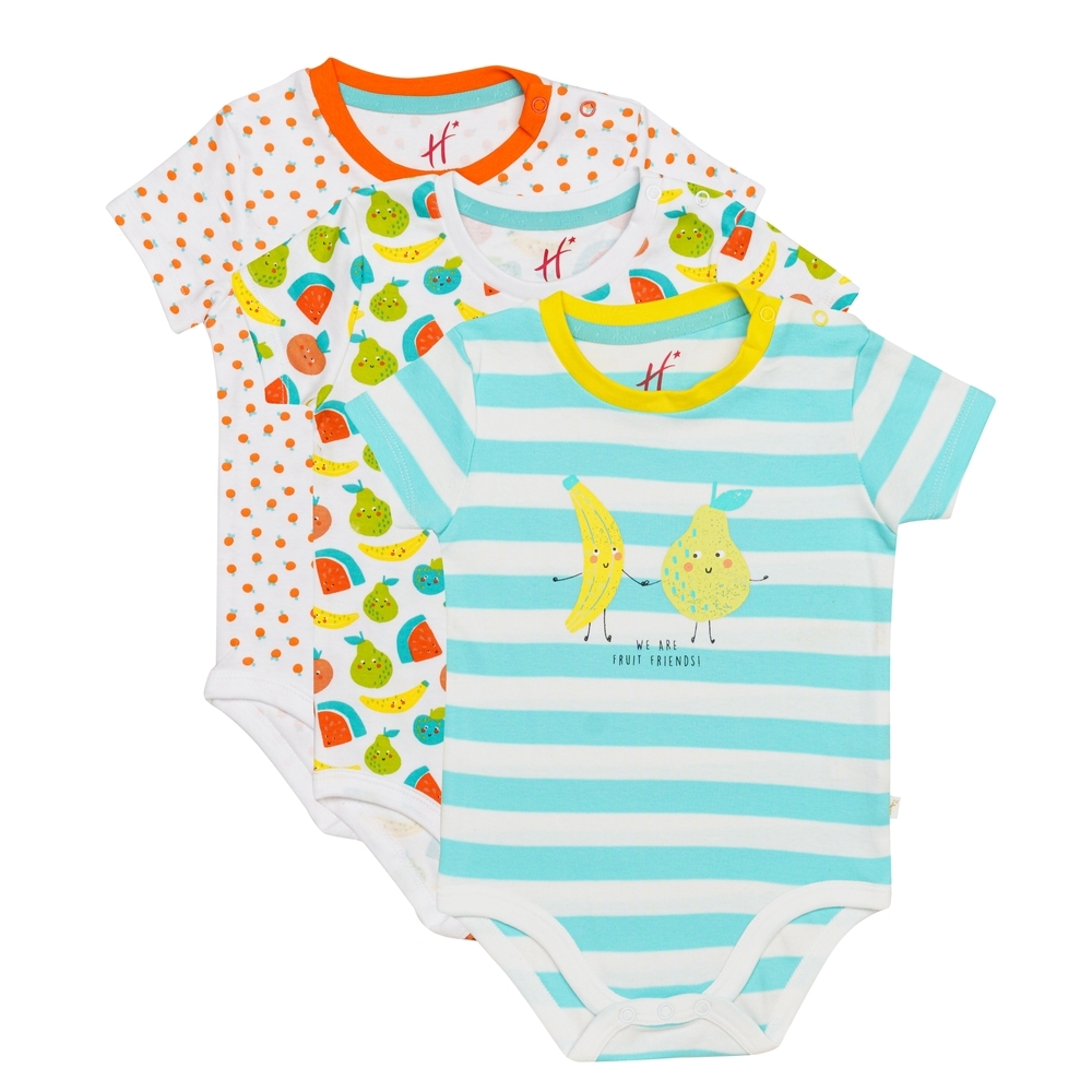 

H by Hamleys Girls Short Sleeves Bodysuit Fruity Print-Pack of 3-Multi