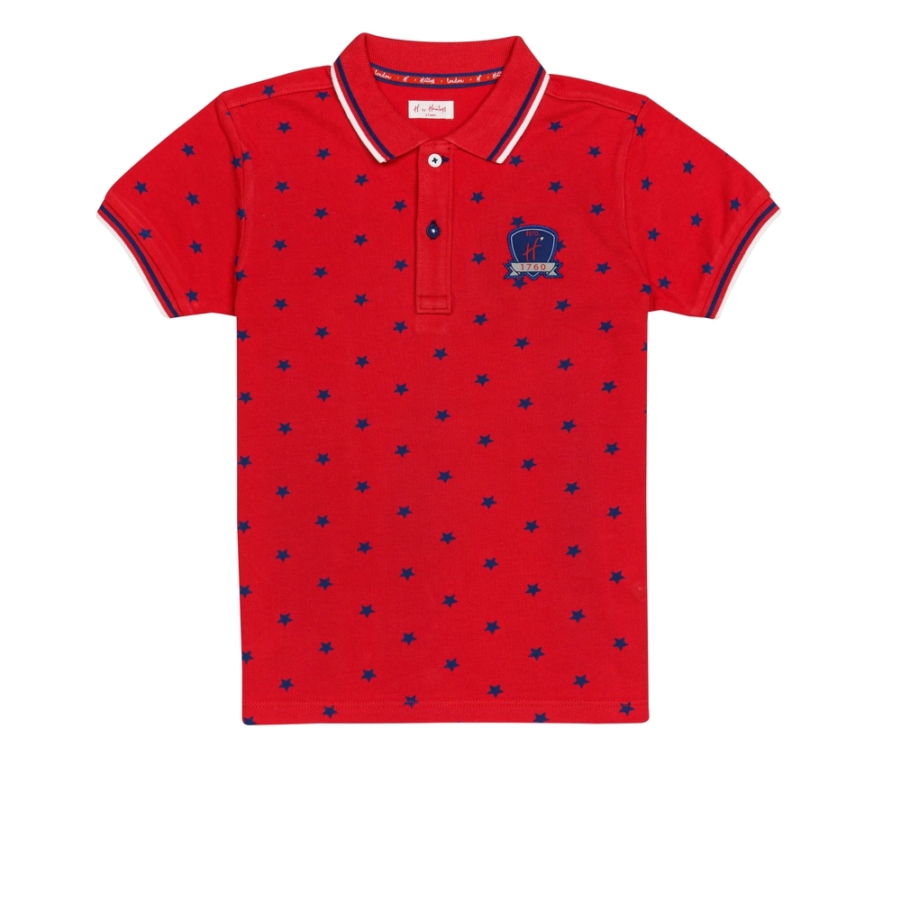 

H by Hamleys Boys Short Sleeves Polo T-Shirt All Over Star Print-Red Multi