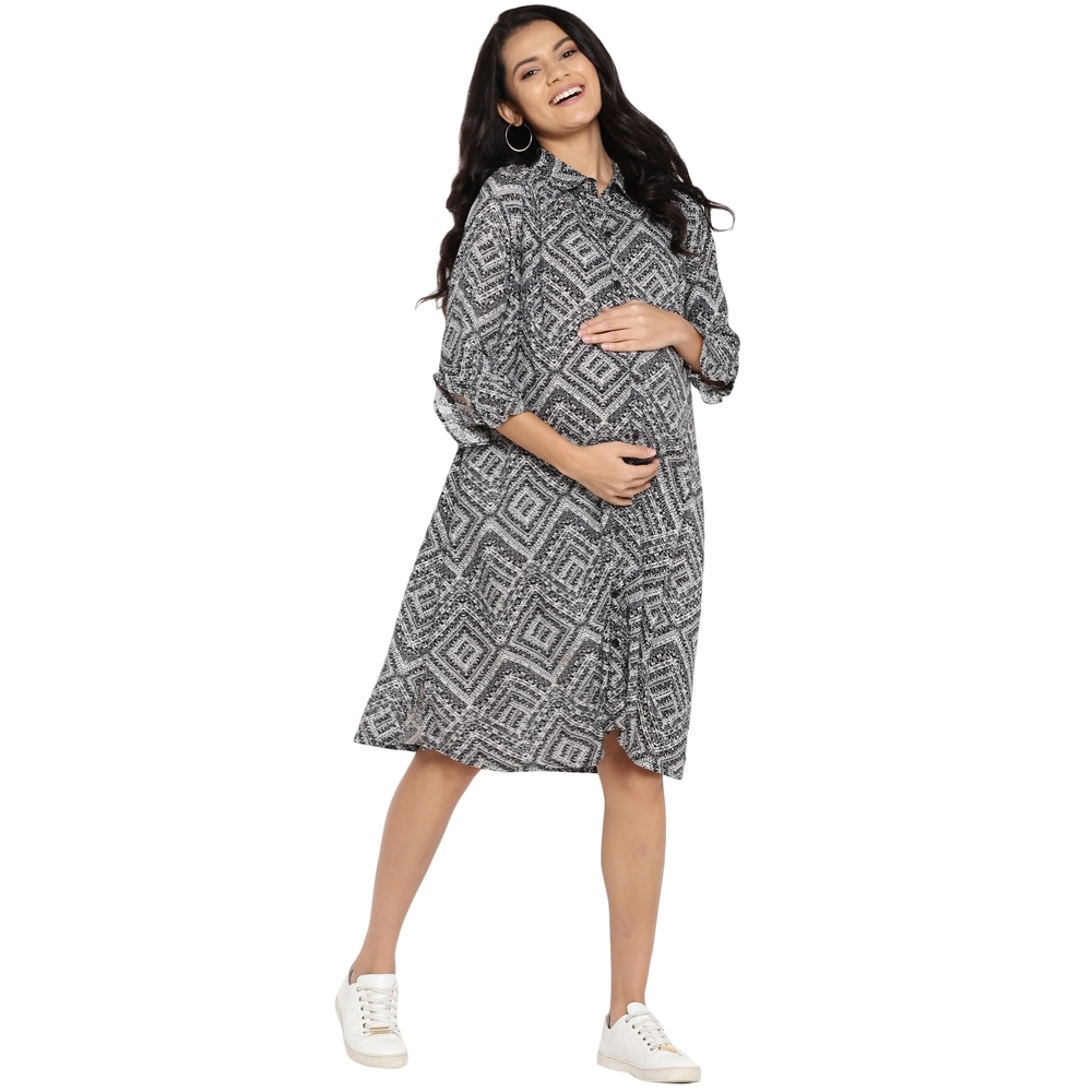 

Women Full Sleeves Printed Maternity Dress Button Opening - Multicolor