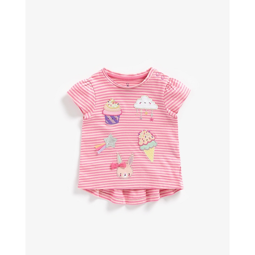 

Girls Short Sleeves T-Shirt Striped And Patch Work-Pink