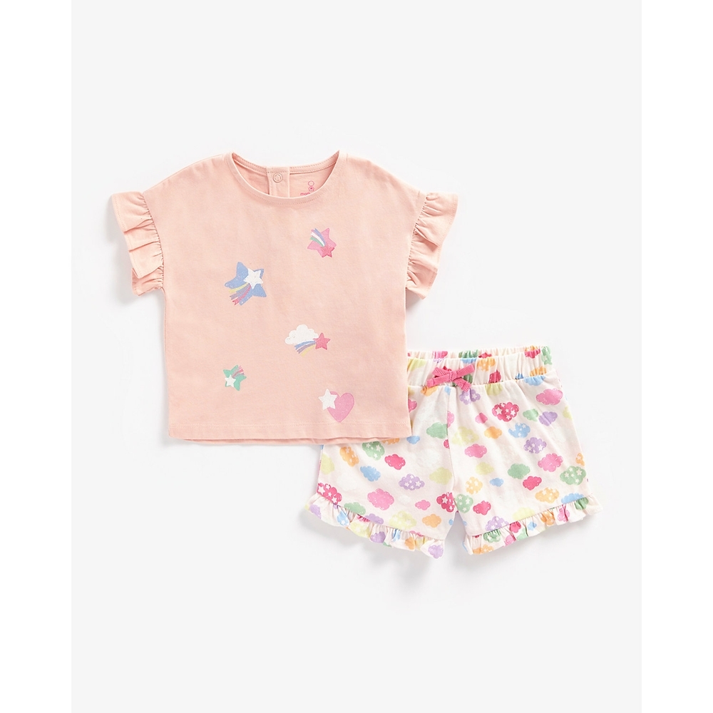 

Girls Short Sleeves Shorts Set Star And Cloud Printed-Pink