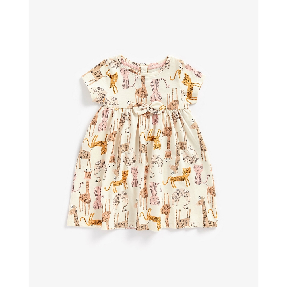 

Girls Short Sleeves Dress Animal Printed-Cream