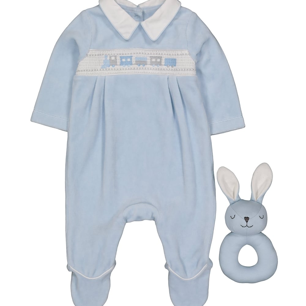 

Boys Full Sleeves Velour Romper And Rattle Set Embroidered - Blue