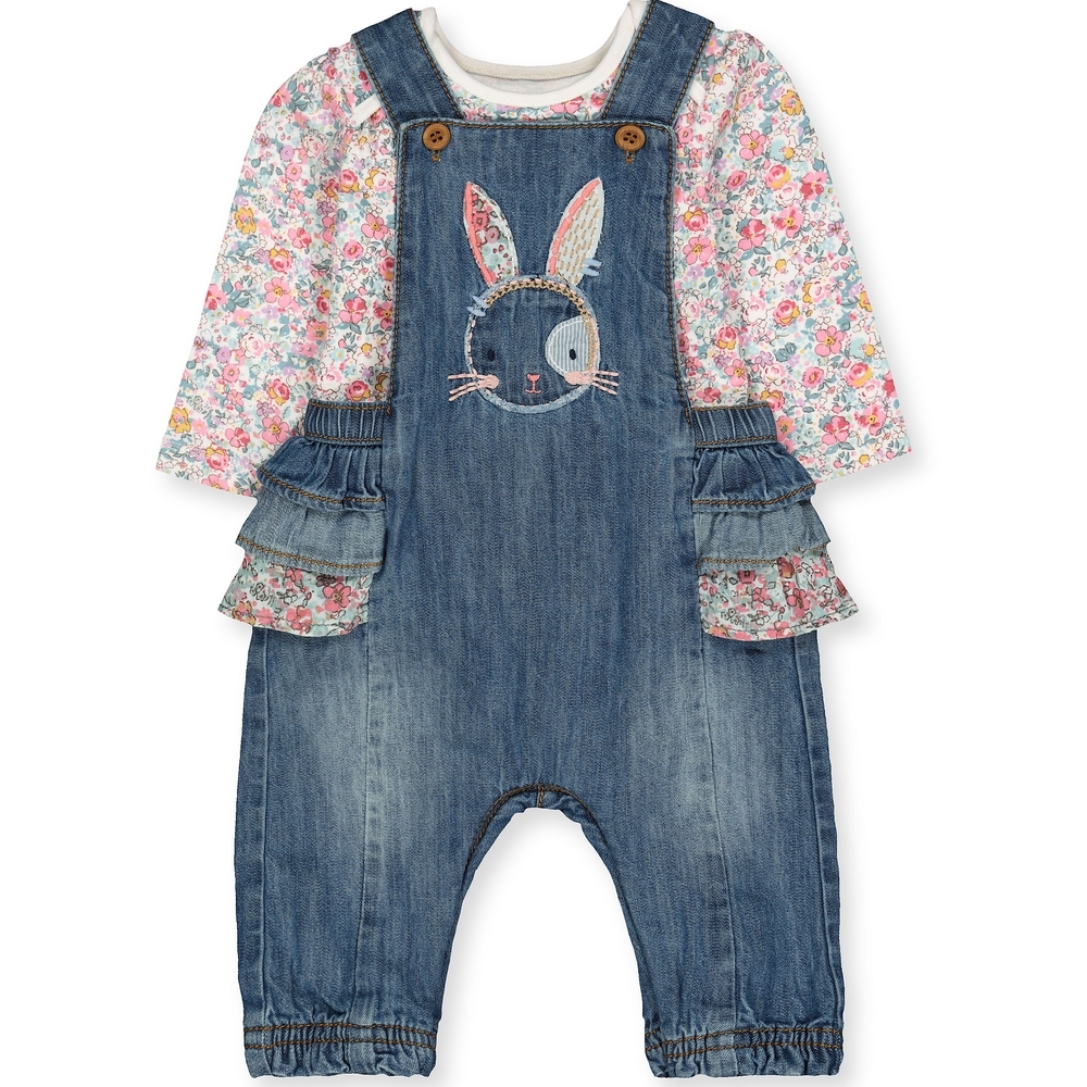 

Girls Full Sleeves Denim Dungaree And Bodysuit Set Frill Detail - Blue