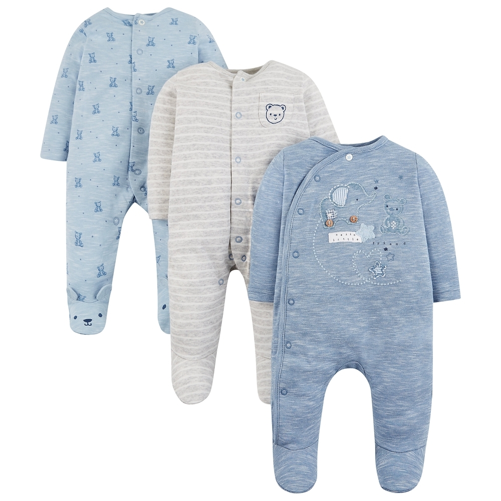 

Boys Full Sleeves Sleepsuit Embroidered And 3D Ear Detail - Pack Of 3 - Blue