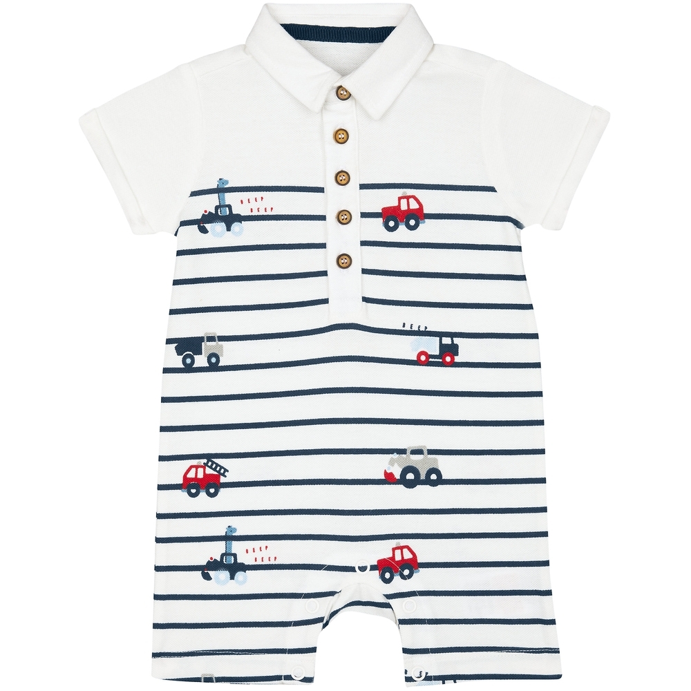 

Boys Half Sleeves Polo Style Romper Vehicle Print - White