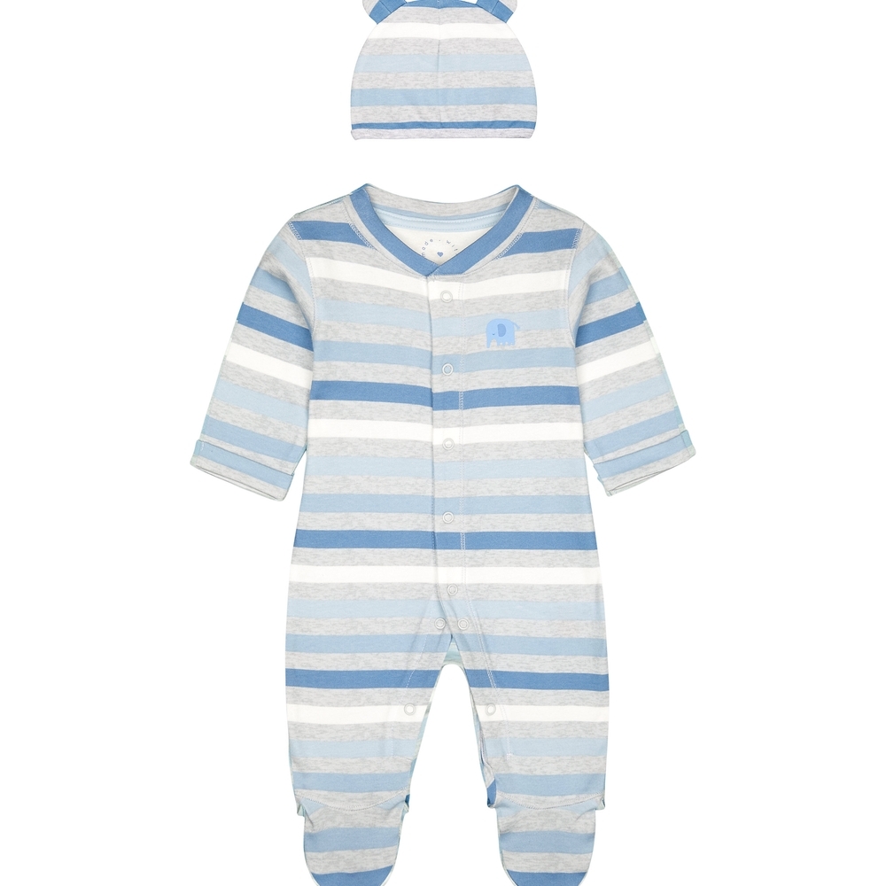 

Boys Full Sleeves Striped Romper And Hat Set 3D Ear Detail - Blue