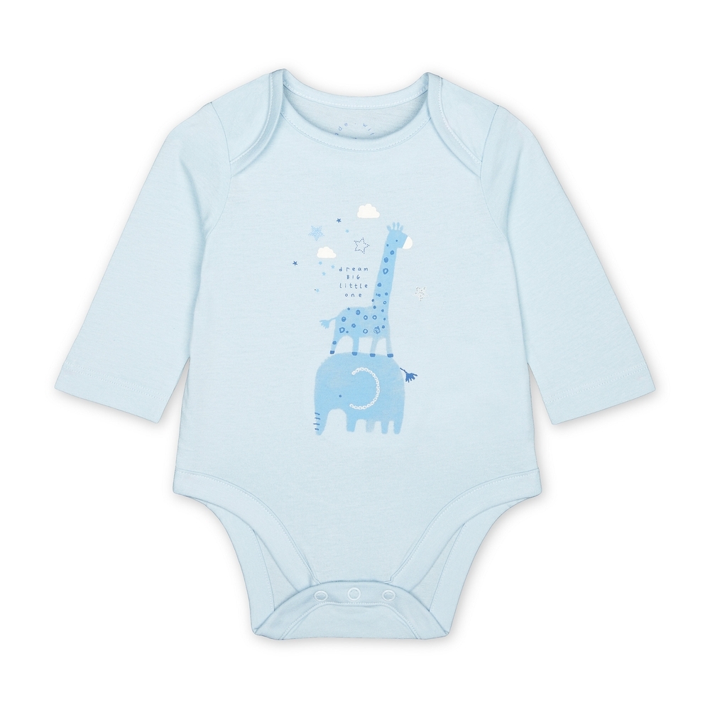 

Boys Full Sleeves Bodysuit Giraffe And Elephant Print - Blue