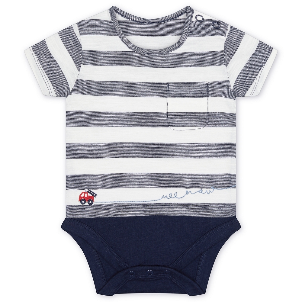 

Boys Half Sleeves Mock Bodysuit Fire Engine Embroidery - Navy