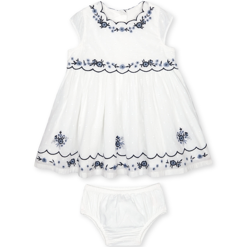 

Girls Half Sleeves Dress And Knickers Set Floral Embroidery - White