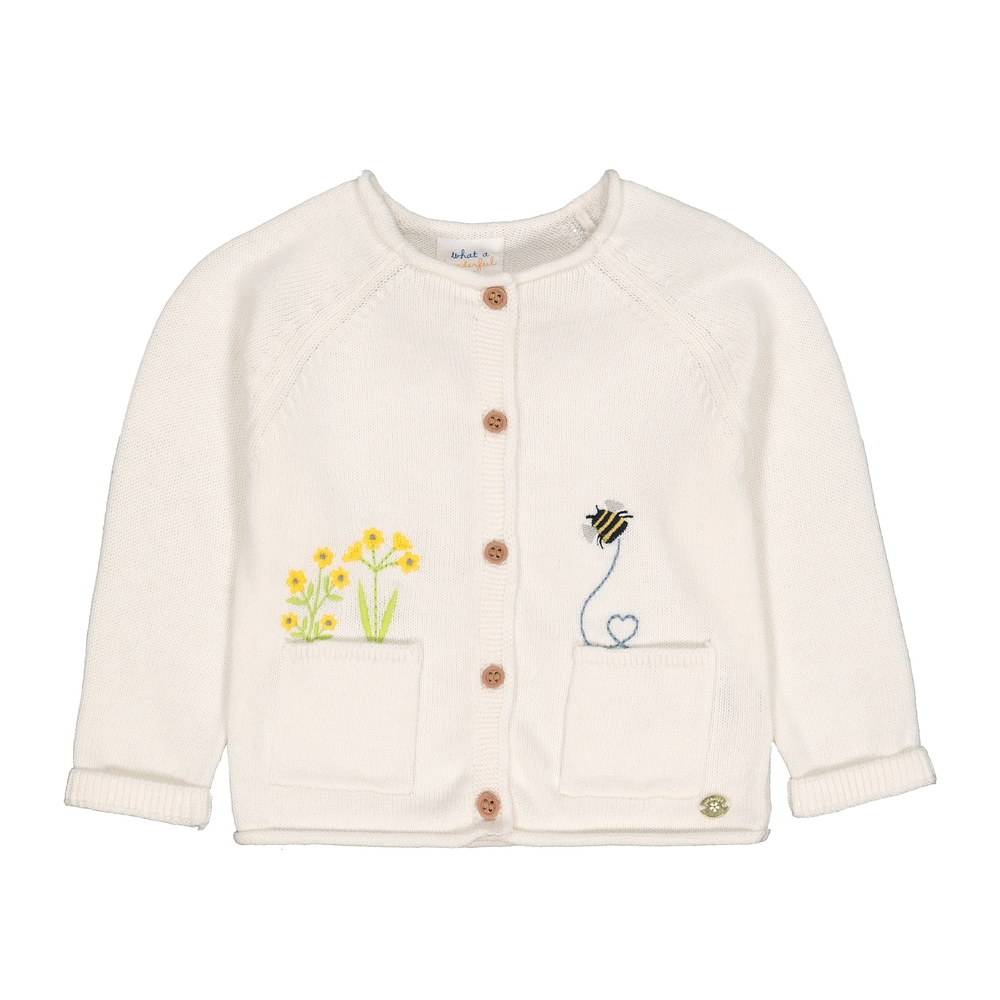 

Girls Full Sleeves Cardigan Bee And Floral Embroidery - White