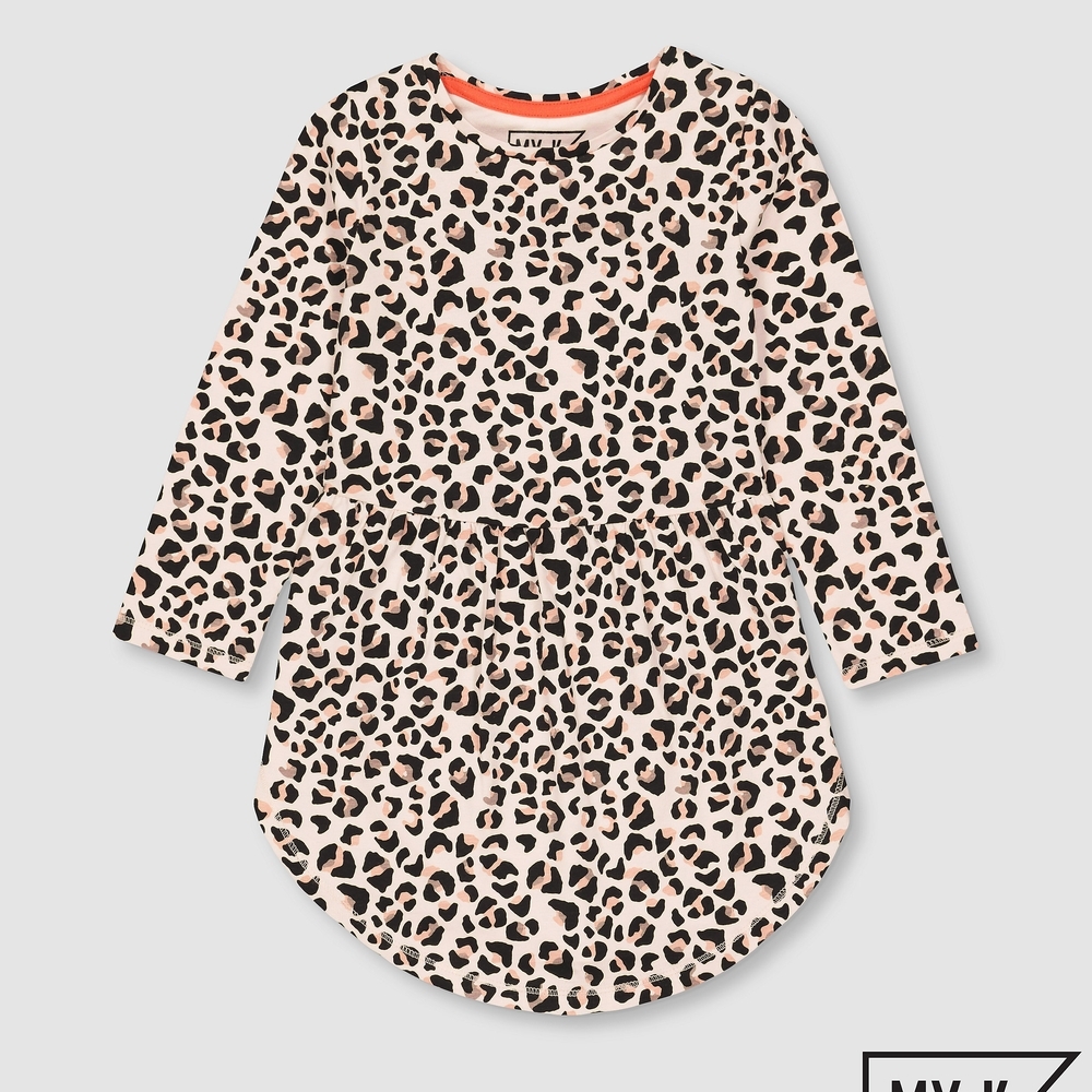 

Girls Full Sleeves Dress Leopard Print - Pink Black