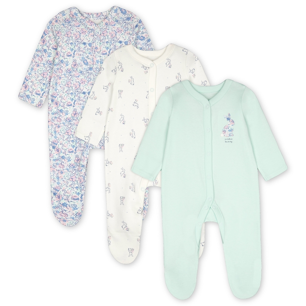 

Girls Full Sleeves Sleepsuit Floral And Bunny Print - Pack Of 3 - Multicolor
