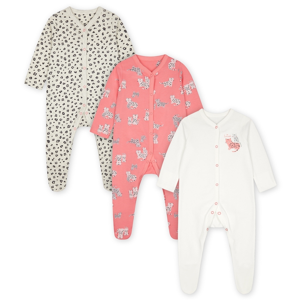 

Girls Full Sleeves Sleepsuit Leopard Print - Pack Of 3 - Pink White