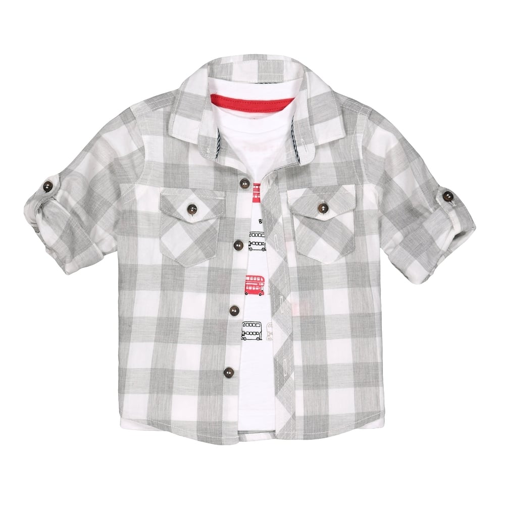 

Boys Full Sleeves Check Shirt And Tee Set Bus Print - Grey