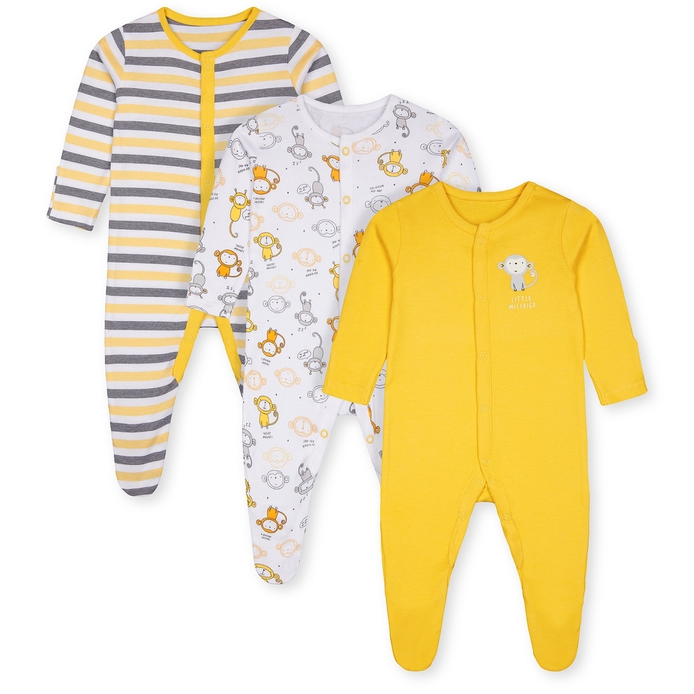 

Boys Full Sleeves Sleepsuit Striped And Monkey Print - Pack Of 3 - Multicolor