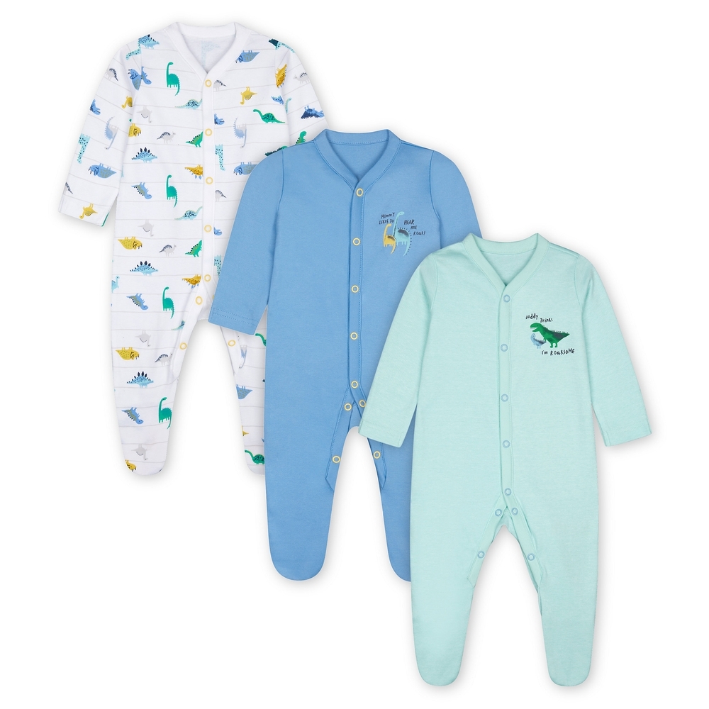 

Boys Full Sleeves Sleepsuit Dino Print - Pack Of 3 - Blue