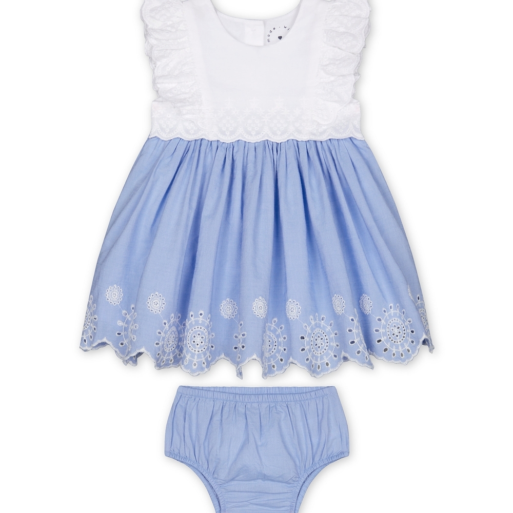 

Girls Sleeveless Dress And Knickers Set Schiffli Detail - Blue