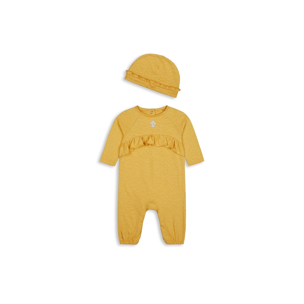 

Girls Full Sleeves Romper And Hat Set Frills And Mouse Embroidery - Yellow