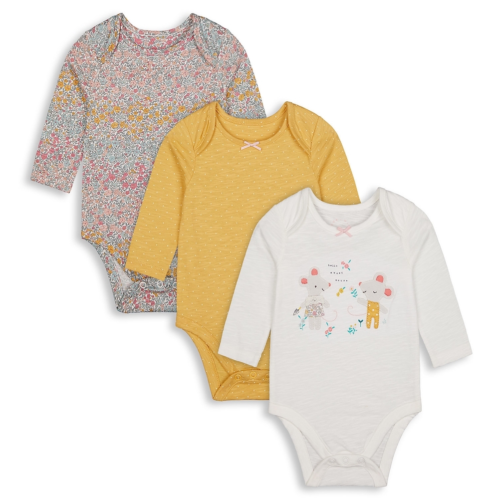 

Girls Full Sleeves Mouse Patch Work Bodysuit - Pack Of 3 - Multicolor