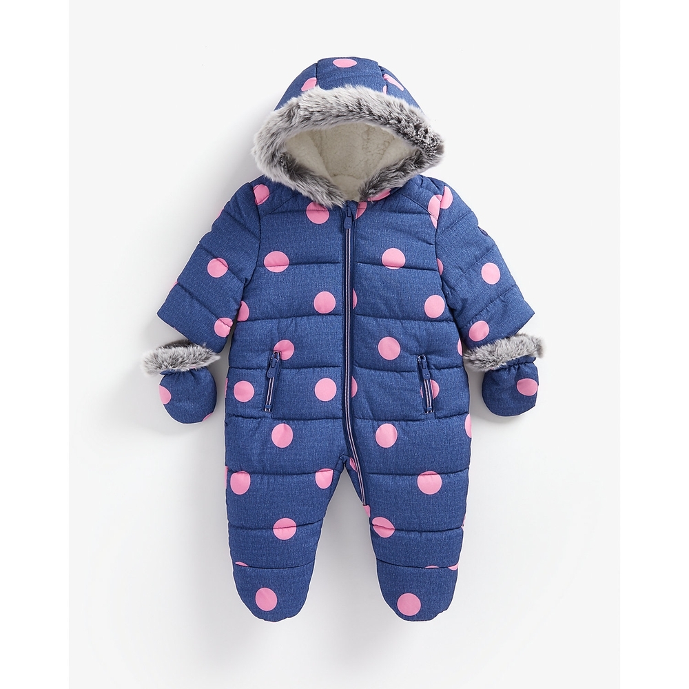 

Girls Full Sleeves Snowsuit Polka Dot Print - Navy