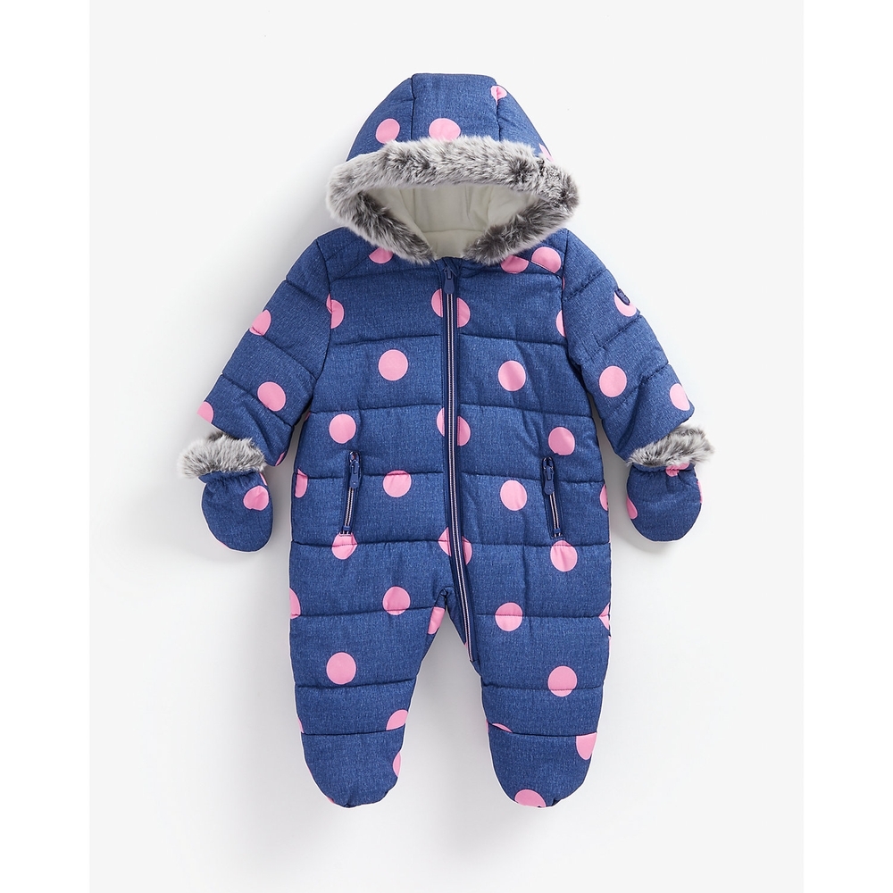 

Girls Full Sleeves Velour Lined Snowsuit Polka Dot Print - Navy