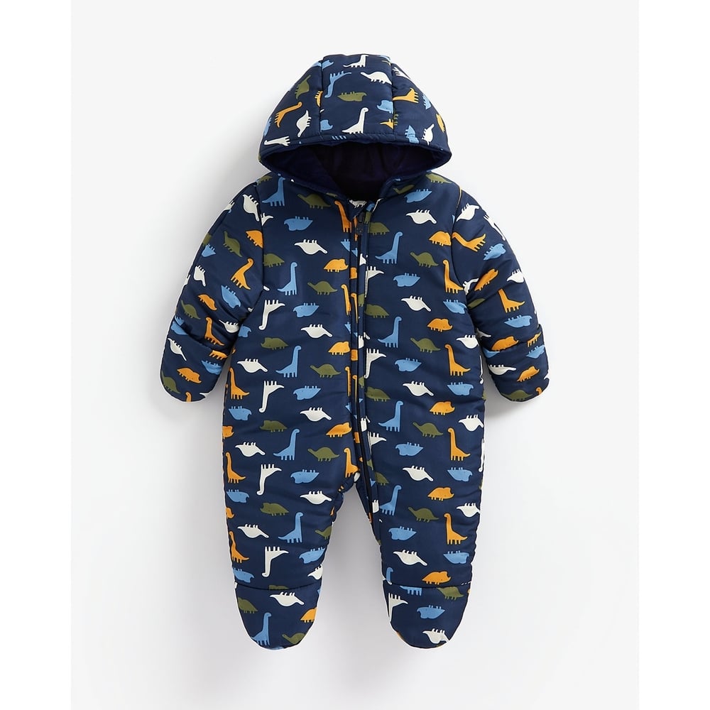 

Boys Full Sleeves Snowsuit Velour Lined Dino Print - Navy