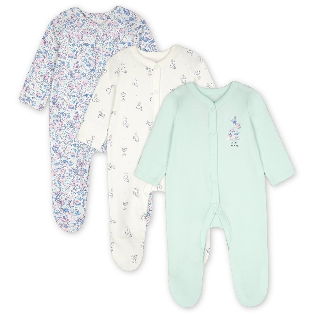 

Girls Full Sleeves Sleepsuit Bunny And Floral Print - Pack Of 3 - Blue