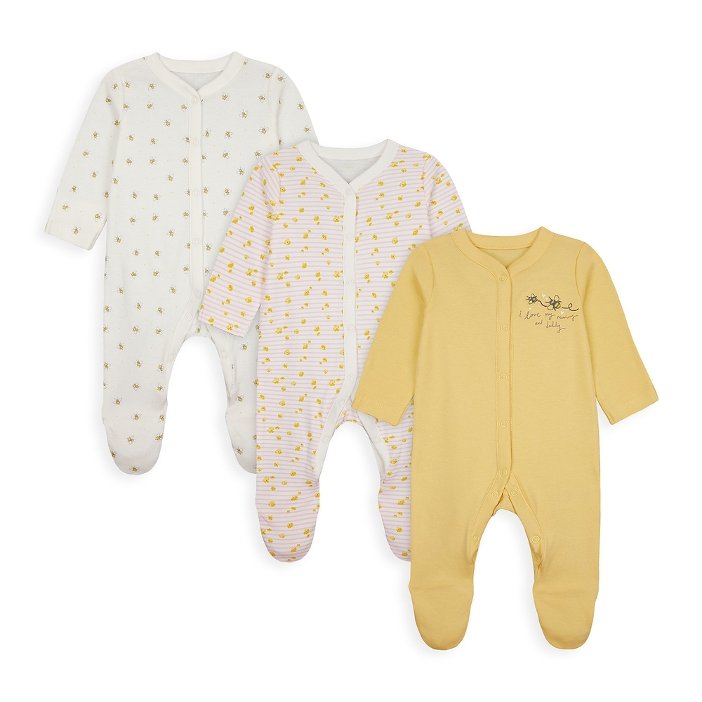 

Girls Full Sleeves Sleepsuit Bee Embroidery - Pack Of 3 - Yellow Beige
