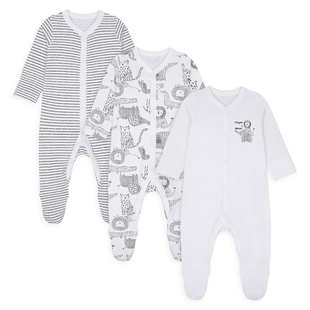 

Unisex Full Sleeves Sleepsuit Animal Print - Pack Of 3 - White